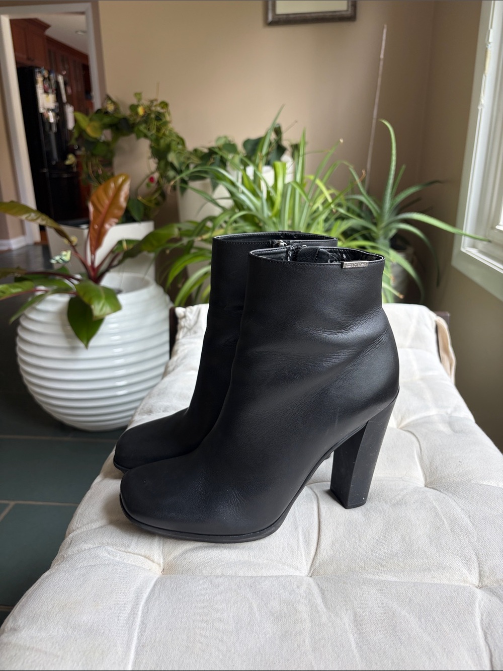 Calvin Klein Black Leather High Block Heel Ankle Boots